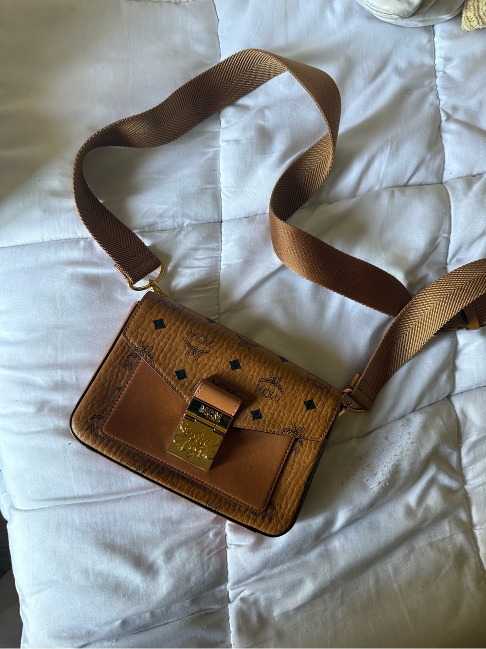 MCM Tan and Gold Leather Crossbody with Signature Logo Lock